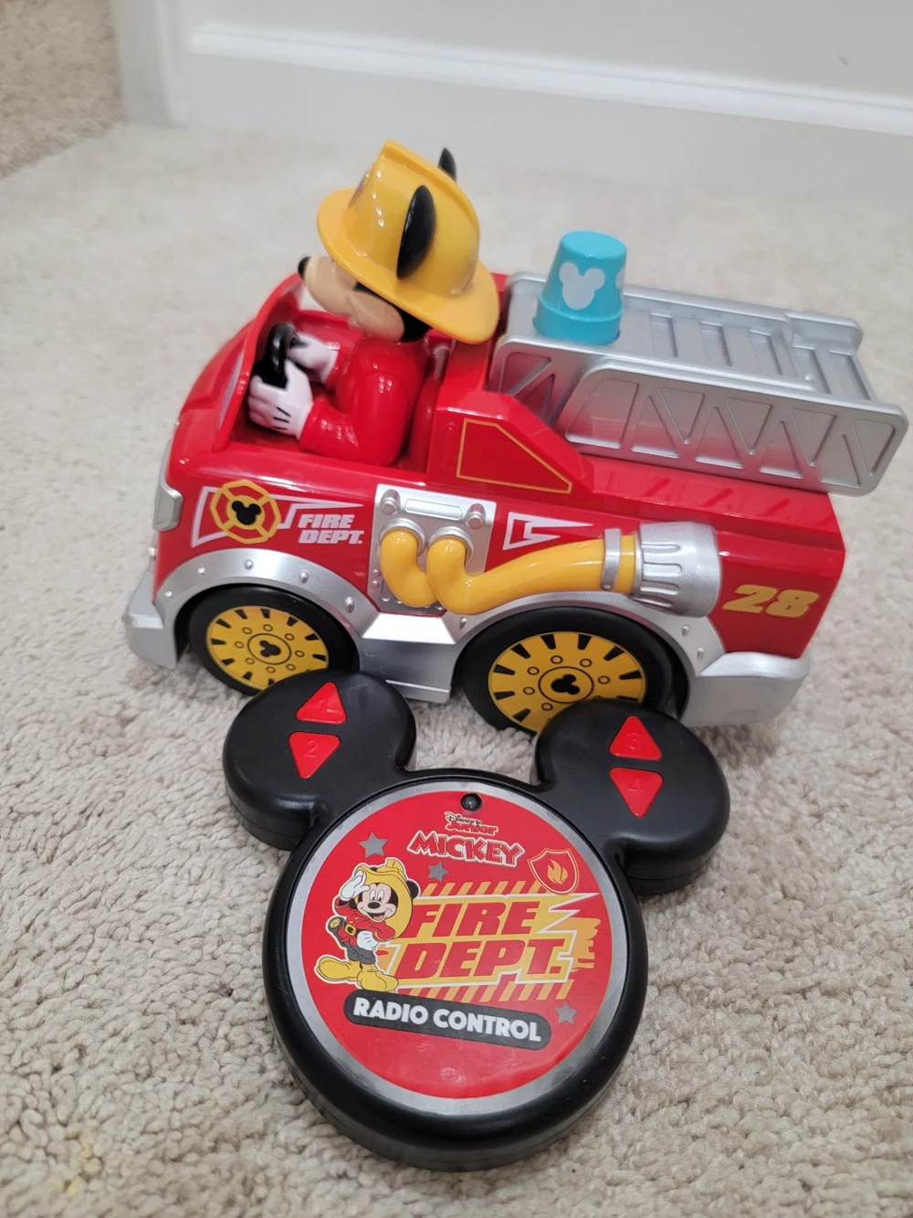 Disney Red and Blue Mickey Mouse Fire Truck with Yellow Helmet Figure